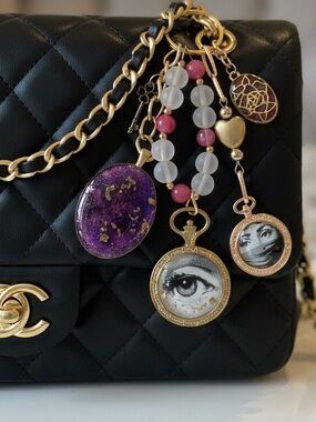 Bag charm keychain purse accessorie fornasetti evil eye purple art collectible